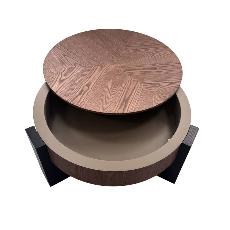 33" Round Coffee Table with Hidden Storage, Parquet Veneer Top Table, 3 Block Legs Sturdy Center Accent Table for Living Room