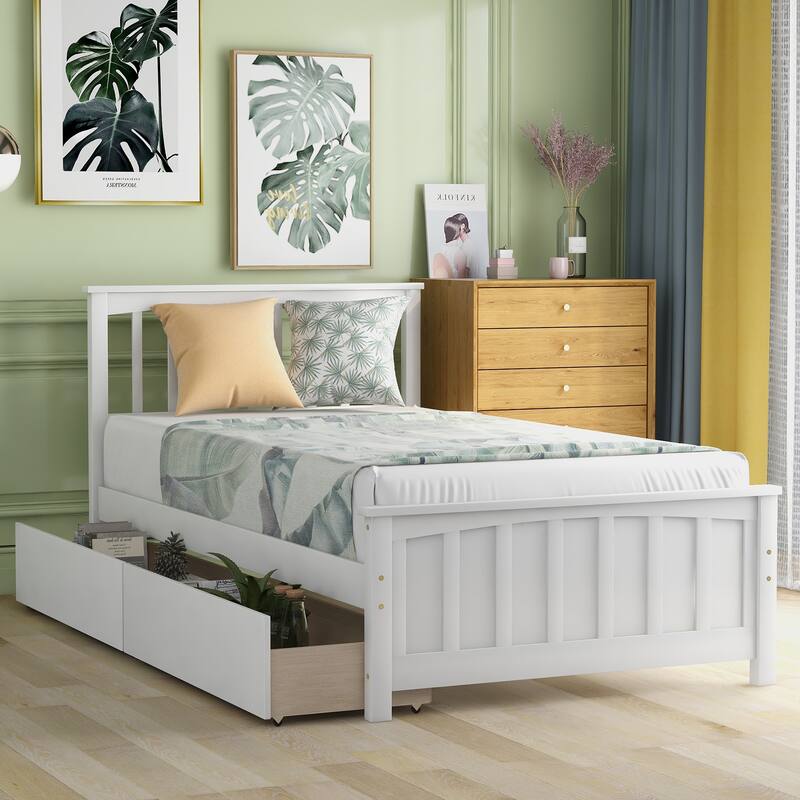 Twin Size White Platform Bed with Two Drawers, Sturdy Pine Wood Frame - White