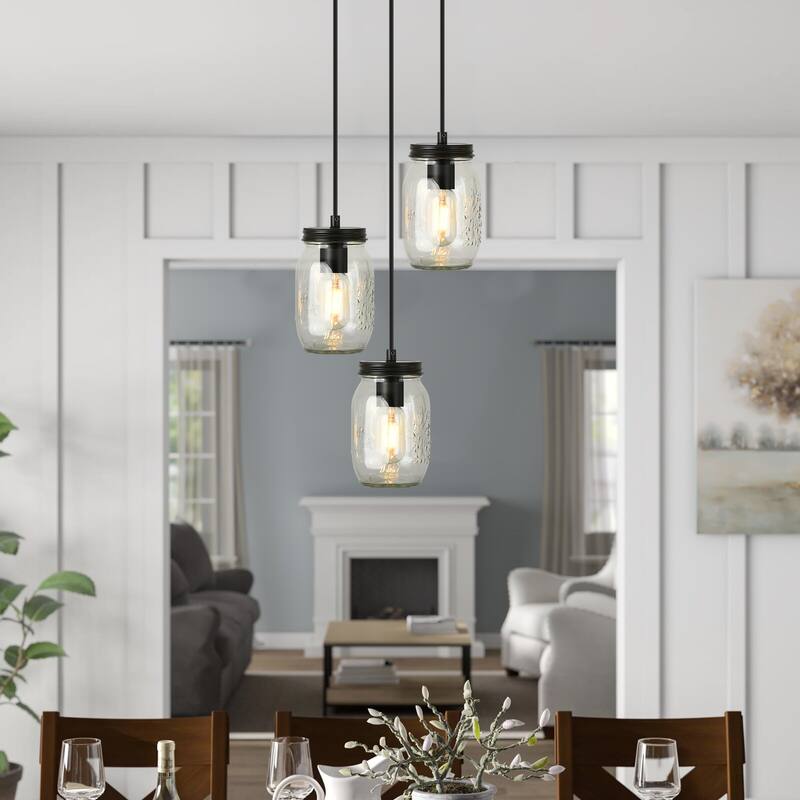 Starsky 3-Light Modern Farmhouse Adjustable Wire Abstract Ceiling Light Cluster Black Mason Jar Chandelier