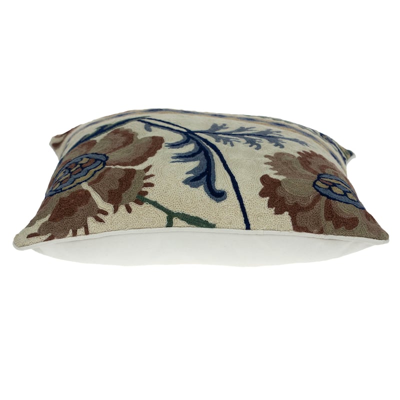 20" Blue and Beige Floral Wool Throw Pillow With Embroidery