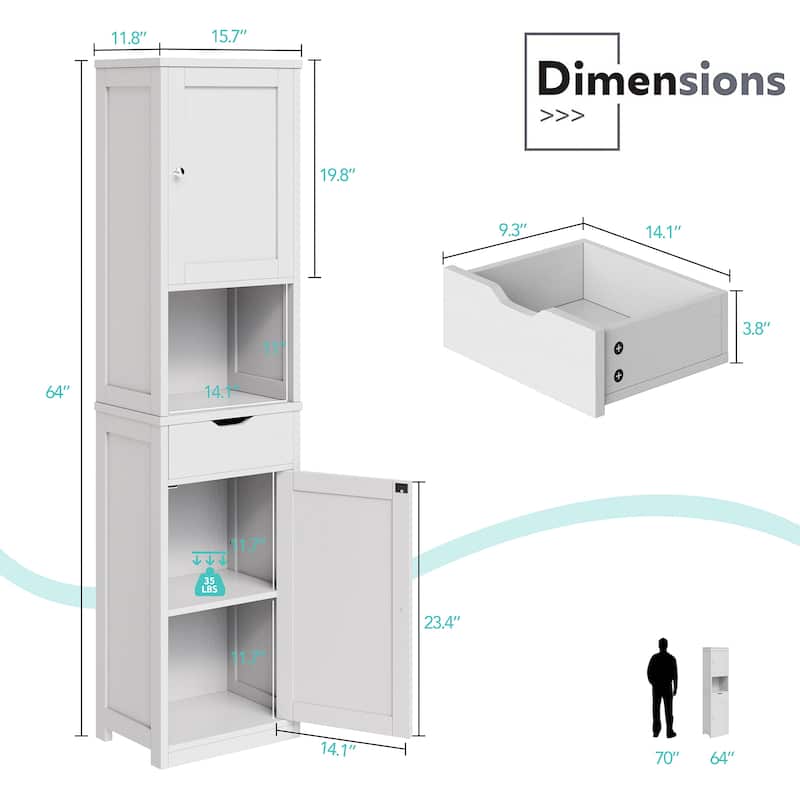 Futzca Tall Bathroom Storage Cabine, 64”H Freestanding Narrow Storage Pantry Cabinet