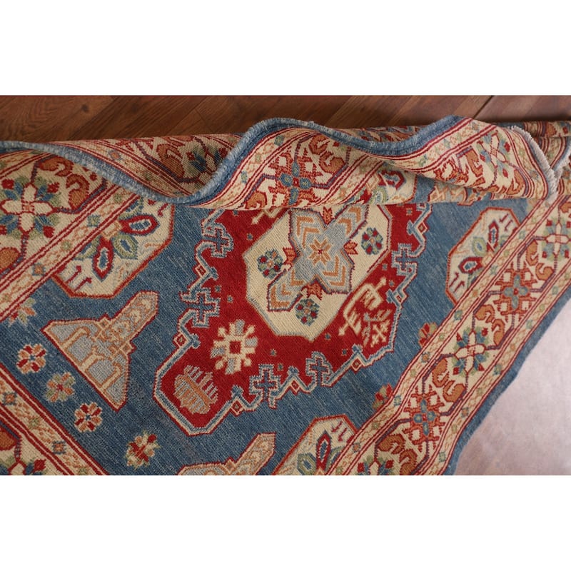 Blue Geometric Kazak Accent Rug Handmade Wool Carpet - 3'2"x 4'8"