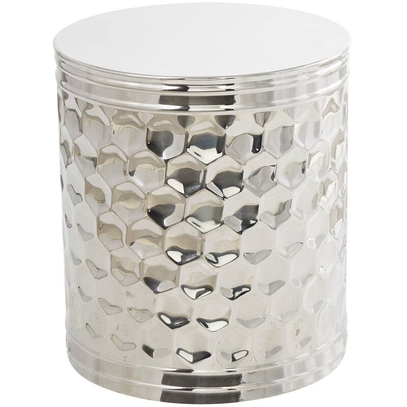 Silver Stainless Steel Metal Drum Geometric Accent Table with Hexagon Patterned Exterior