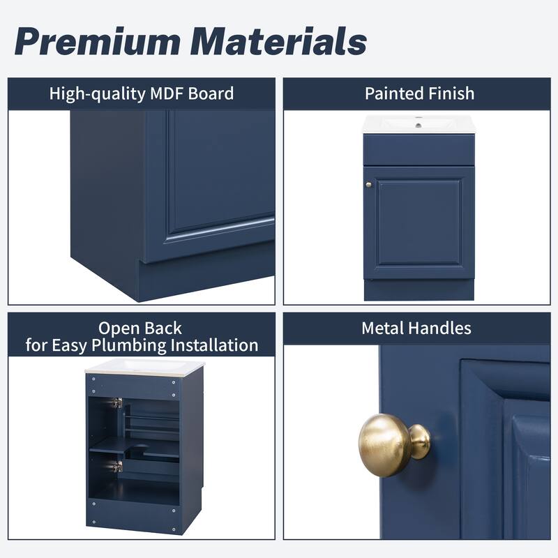 20 Inch Bathroom Vanity with Ceramic Sink, Freestanding Cabinet with Door Shelf and Adjustable Interior Shelf