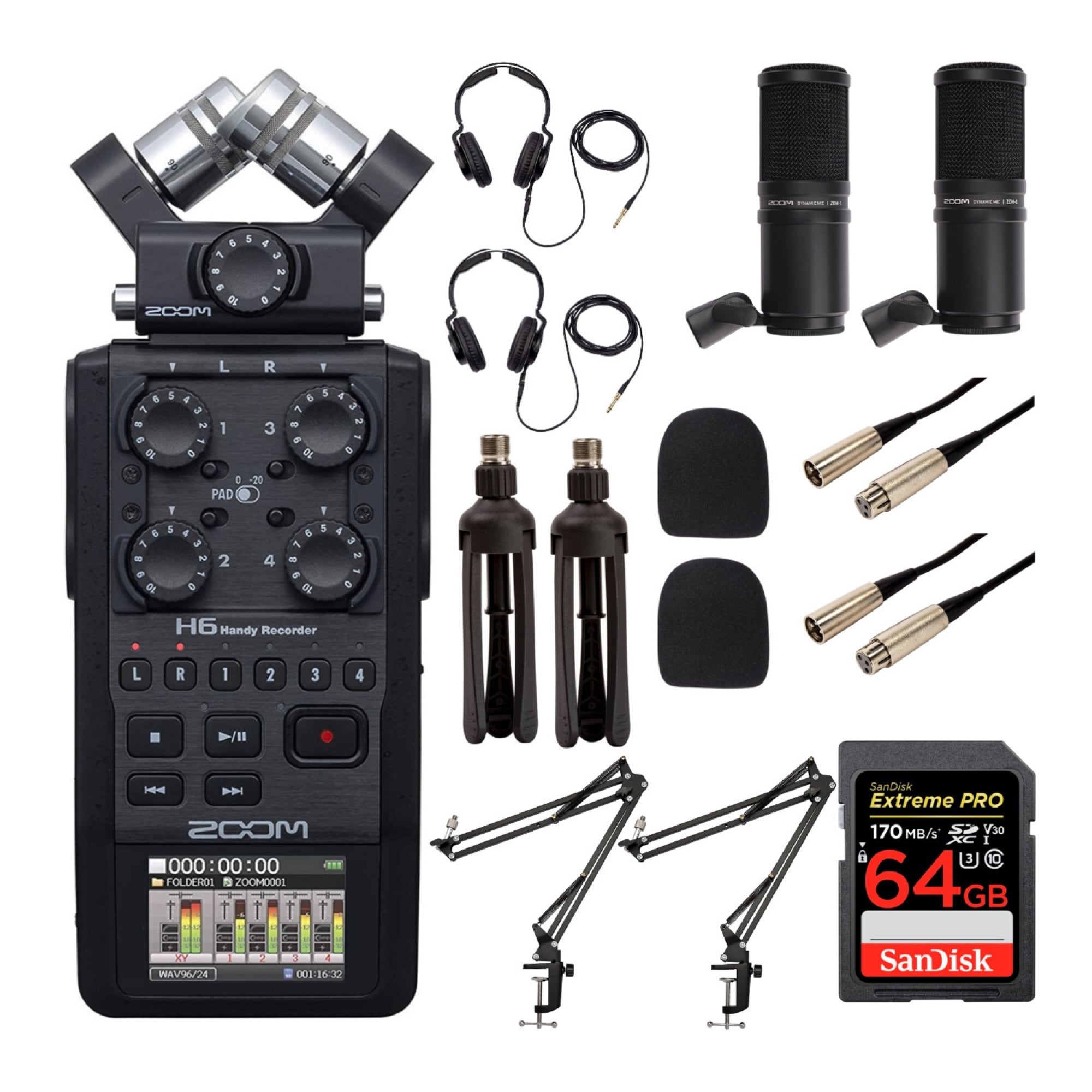 Black, 2020 Model w/Zoom Windscreen and SanDisk 64GB Extreme PRO Memory Card Bundle 3 Items Zoom H6 6-Track Handy Recorder 