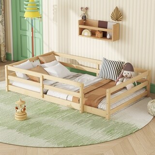Twin Sturdy Structure Wood Floor Bed with Guardrail and Fence for Kids, Montessori Bed, Natural