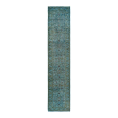 Overton Hand Knotted Wool Vintage Inspired Modern Contemporary Overdyed Blue Runner Rug - 2' 7" x 12' 3"