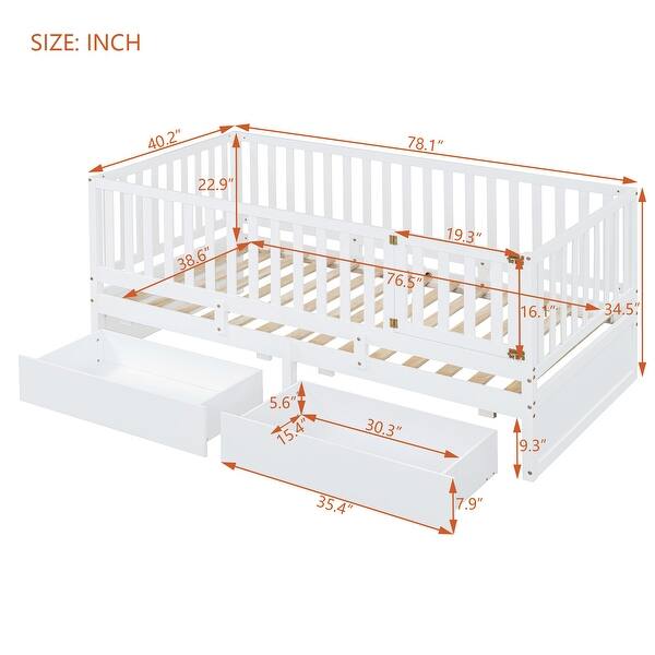 dimension image slide 1 of 2, Twin Size Wood Daybed with Fence Guardrails and 2 Drawers, Split into Independent Floor Bed & Daybed