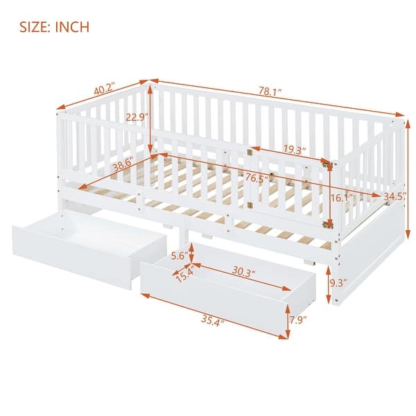 dimension image slide 1 of 5, Wood Cribs Convertible Toddler Bed with Fence Guardrails and 2 Drawers Split into Independent Floor Bed and Daybed Slat Support