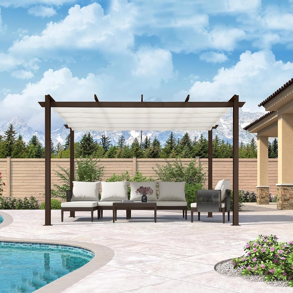 PURPLE LEAF Outdoor Retractable Bronze Metal Pergola w Canopy for Beach Deck Gazebo