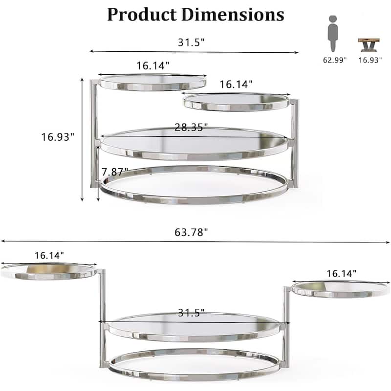 Round Coffee Table 30 inch Motion Tempered Glass Coffee Table with 3 Tier 360 Degree Swivel Top