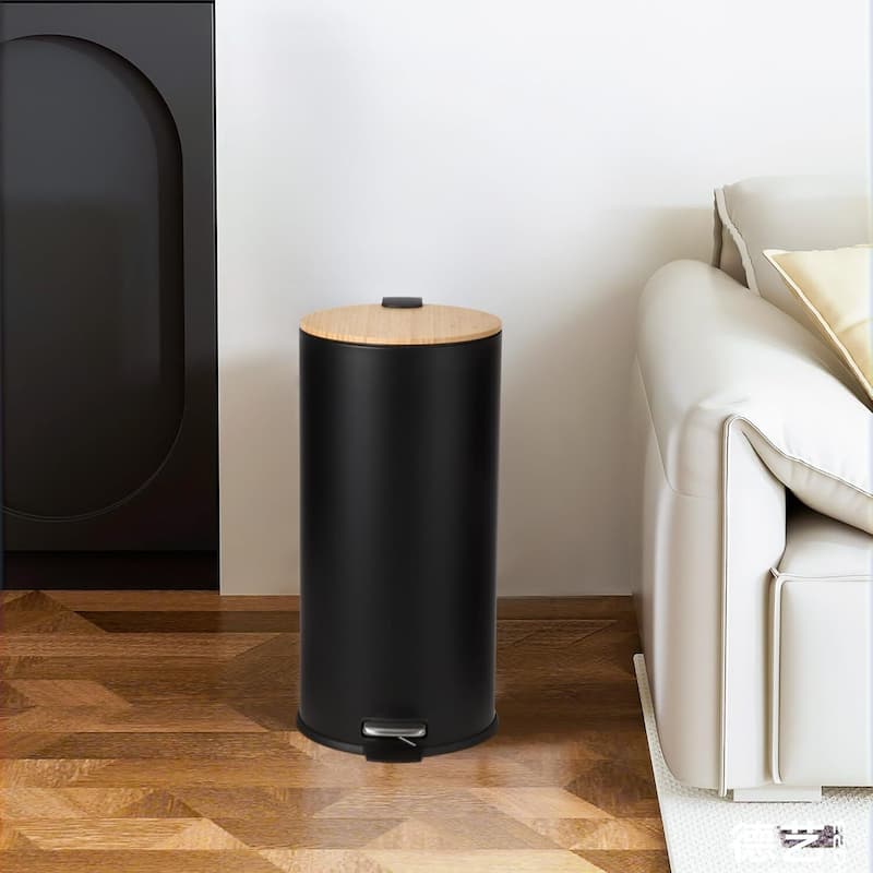 8 Gallon Step Trash Can with Natural Bamboo Lid, Removable Inner Bucket for Kitchen - Black