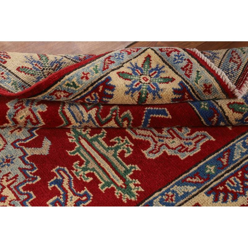 Red Geometric Kazak Foyer Rug Hand-Knotted Oriental Wool Carpet - 3'5" x 5'2"