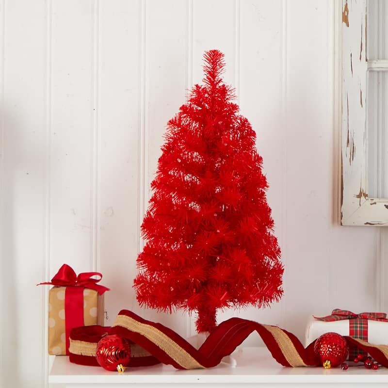 2ft. Red Artificial Christmas Tree with 35 LED Lights & 72 Branches - Festive Holiday X-Mas Accent