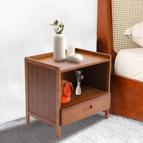 Bamboo Nightstand with Drawer Modern Bedside Table