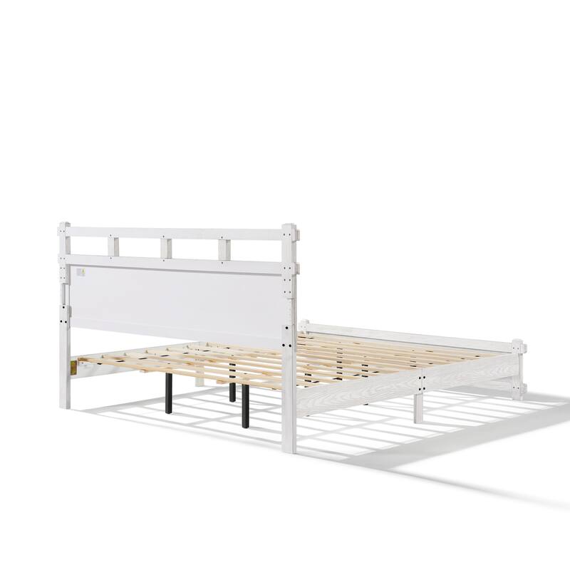 Christopher Knight Home - Farmhouse Platform Bed Frame with 2-Tier Headboard & Solid Wood Slat Support, No Box Spring Required