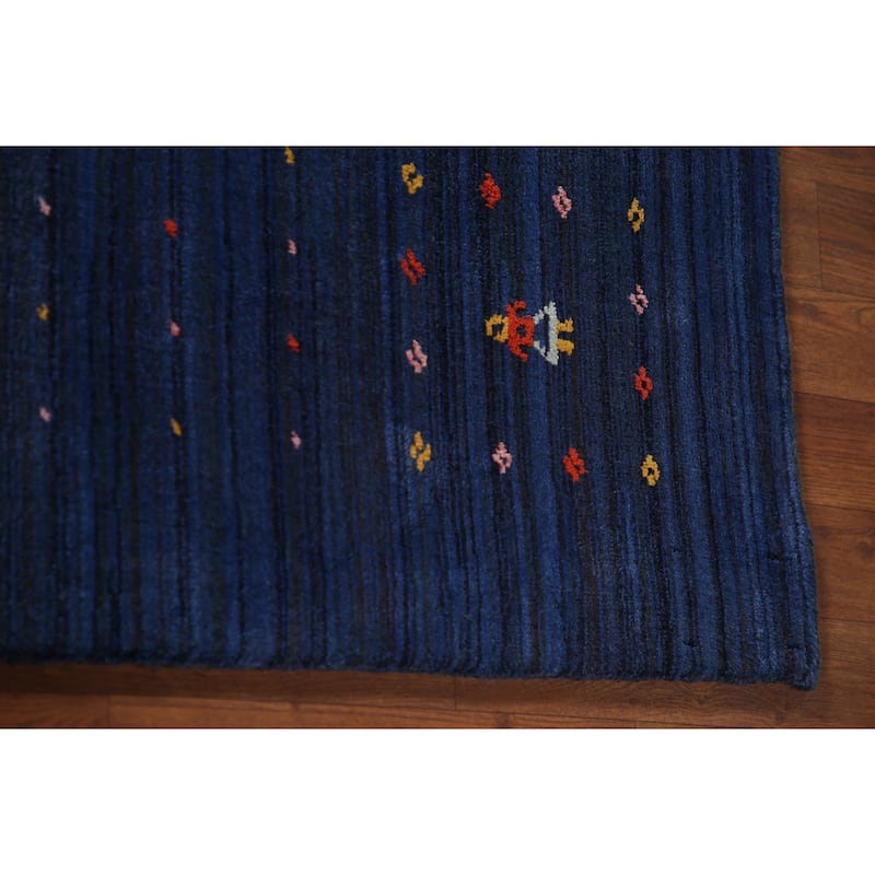 Blue Striped Gabbeh Oriental Area Rug Handmade Silk Carpet - 7'8"x 9'7"