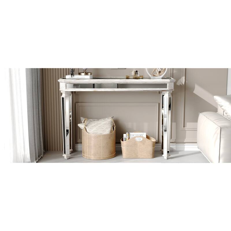 Roomfitters 48" Mirrored Console Table, Carved Wood Entryway Sofa Table with Silver Glass & Oak Finish