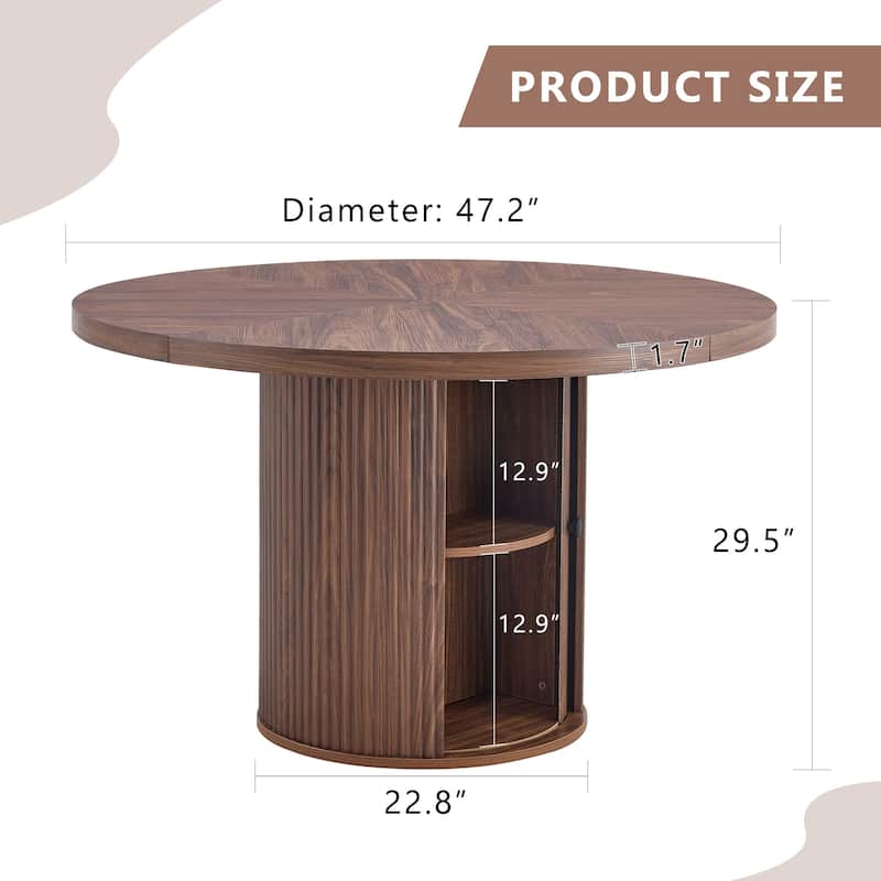 ‌47.2" Round Wood-Grain Dining Table - Double-Tier Storage & Roman Column Base, Timeless Elegance‌.