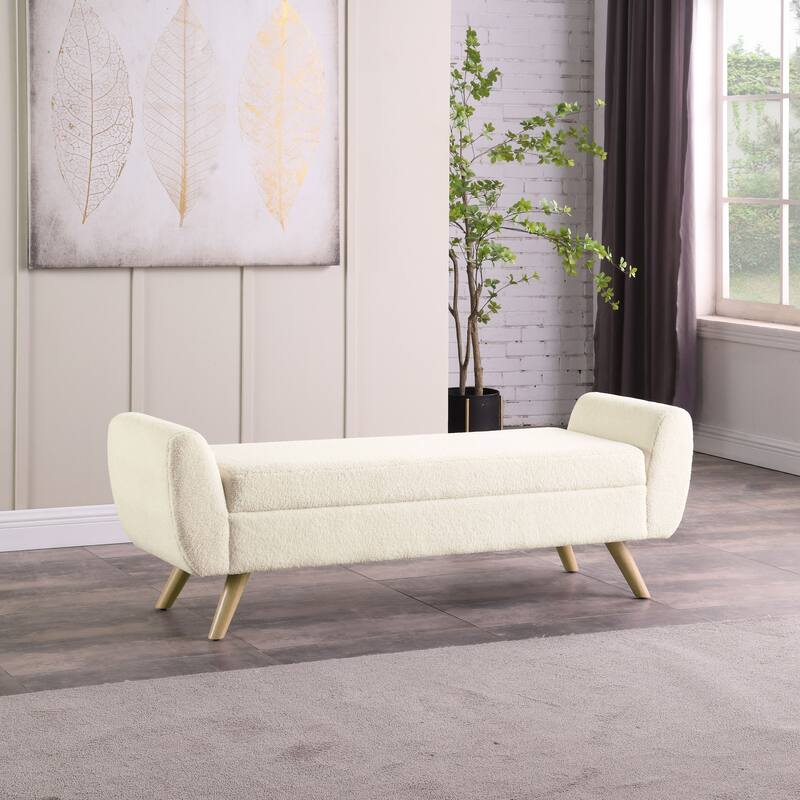 HomePop Modern Sherpa Storage Bench with Wood Legs - Cream Sherpa Fur