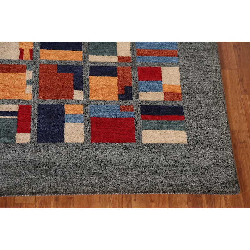 Geometric Grey Modern Indian Area Rug Handmade Wool Carpet - 5'3" x 7'7"