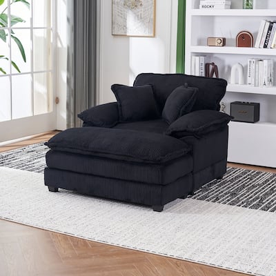 56.3 Inch Black Foam Corduroy Single Sofa with 2 Toss Pillows and Ottoman