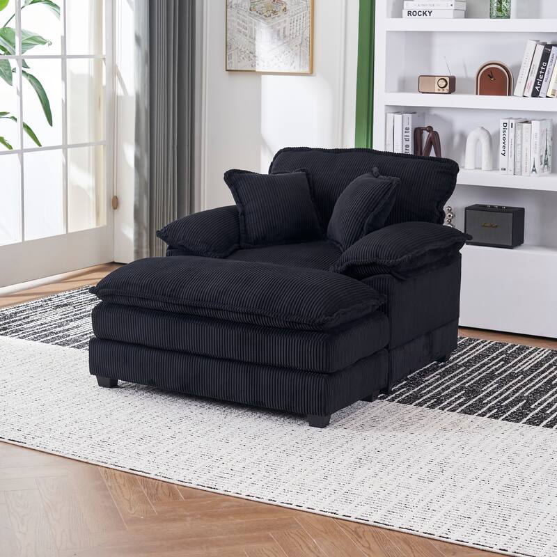 Deep Seat Accent Chair & Ottoman Set of 2, Reclining Sofa Chair, Corduroy Upholstered Chaise Lounge Couch with 2 Toss Pillows - Black