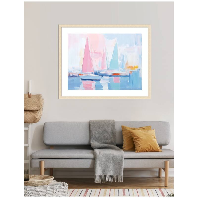 Kate and Laurel Framed Art Abstract Sailboat Harbor Landscape by The Creative Bunch Studio