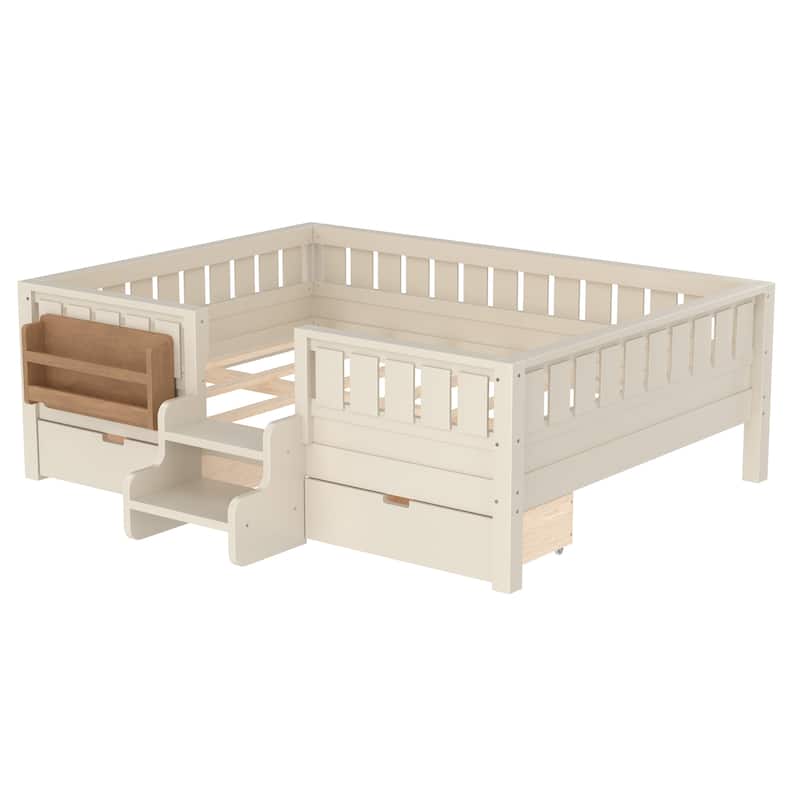 Multiple Colors Toddler Montessori Bed Children's Platform Bed with Low Profile Stairs, Built-in Bookshelf and Storage Drawers