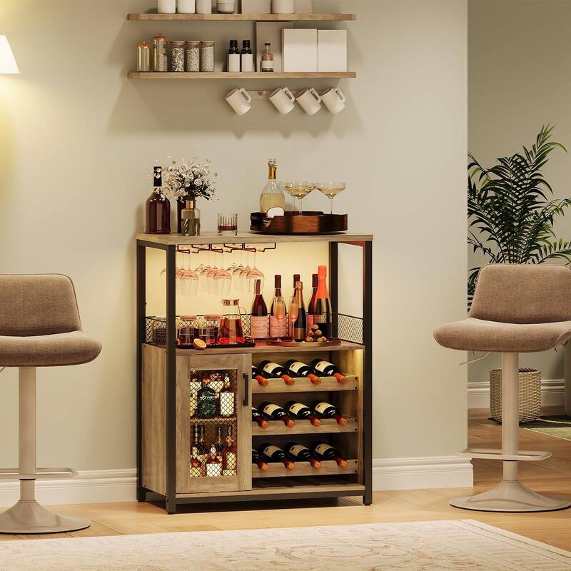 3-Tier Wine Bar Cabinet with Storage, Wine Rack & Glass Holder, Small Liquor Cabinet for Home, Black Corner Storage with Shelves