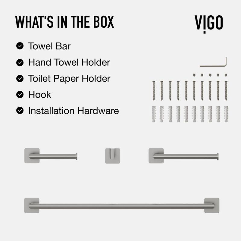VIGO Satro 4-Piece Bathroom Hardware Accessory Set with 24 in. Towel Bar, Toilet Paper Holder, Hand Towel Holder, Hook