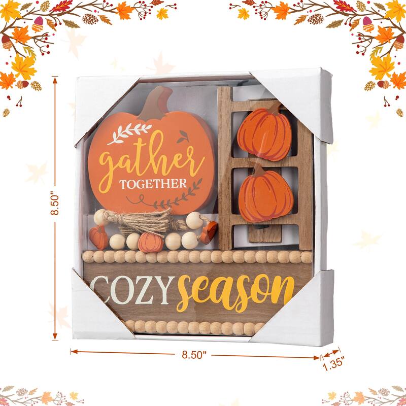 Glitzhome Set of 4 Fall Wooden Word Signs Table Decor with Tiered Tray