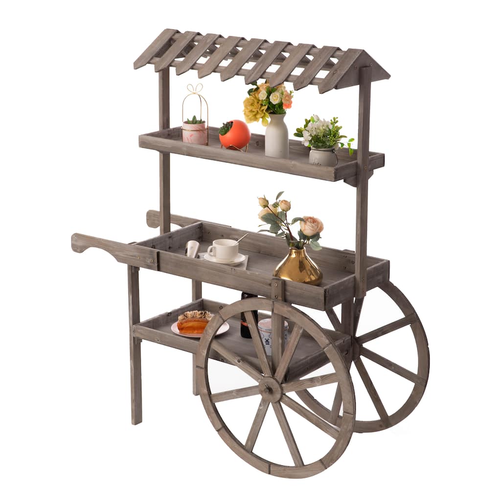Antique Rustic Solid Wood decor Display Rack Cart 3 Tier with Wheels, Wood Wagon with Shelves for Plants and More