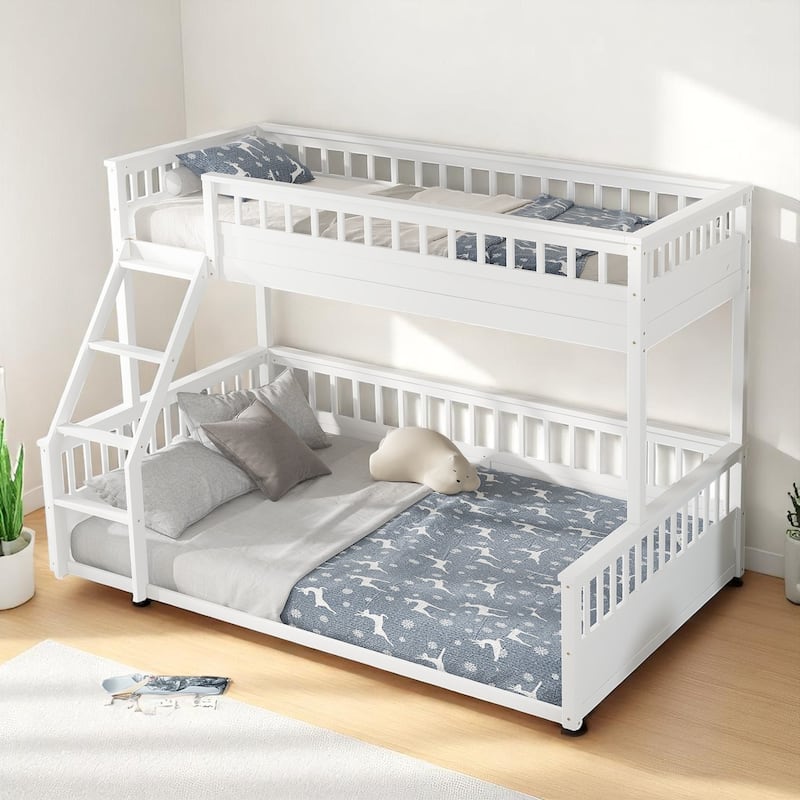 Convertible Twin XL Over Queen Size Bunk Bed with Safety Rails, Ladder and Wood Slats, No Box Spring Needed - White - Twin