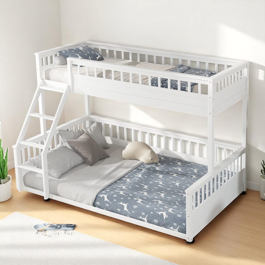 Convertible Twin XL Over Queen Size Bunk Bed with Safety Rails, Ladder and Wood Slats, No Box Spring Needed