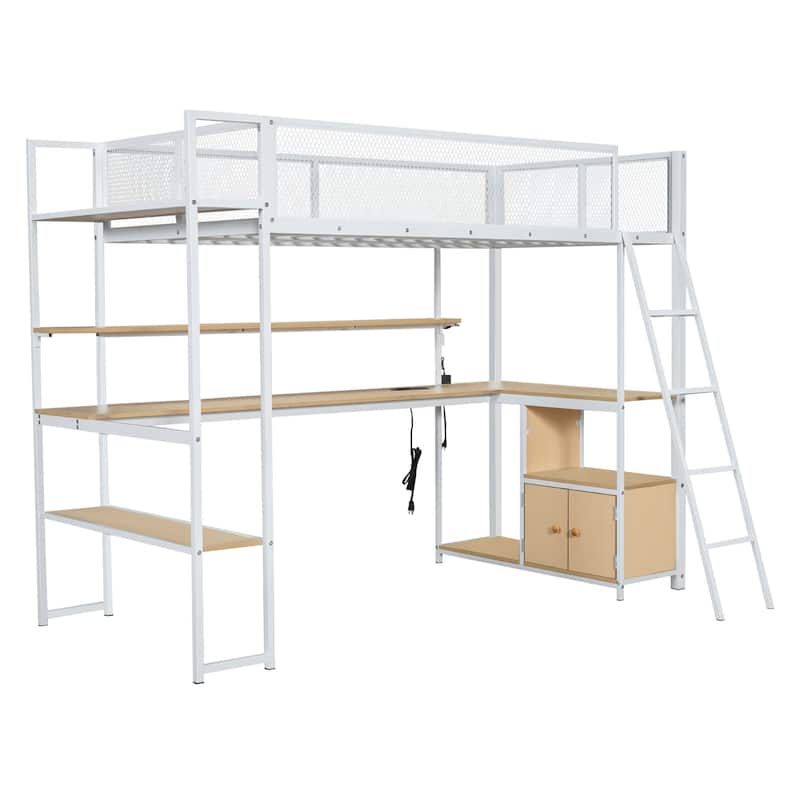 Metal Loft Bed Twin Size Bed Frame with Long Desk and Several Storage Shelves Under the Bed, Controllable LED & Charging Station