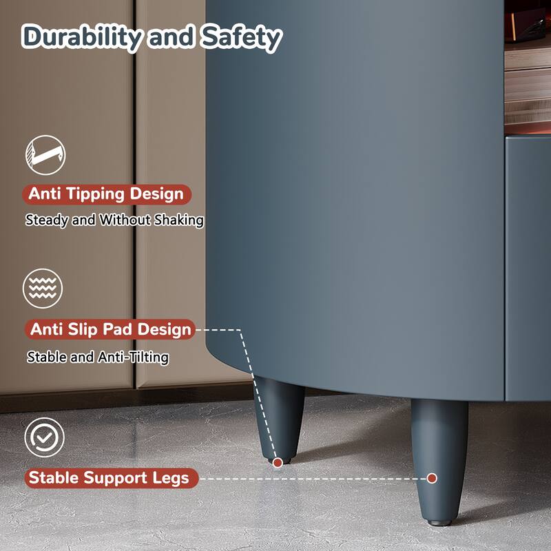 Round Nightstand with Drawer & Open Shelf, Nightstand with Leather Handle & Tapered Legs, Large Capacity Sofa Side Table