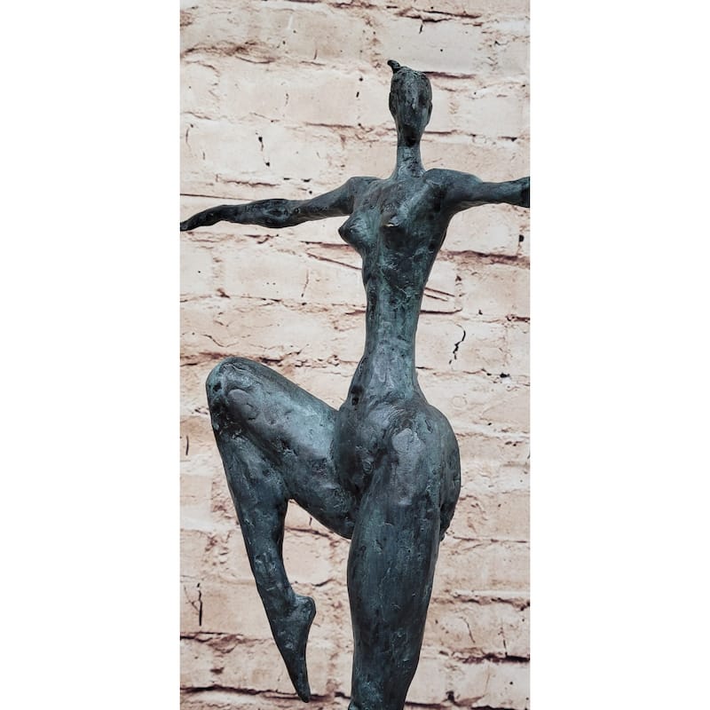 Abstract Female Figure Dancer Kicker Bronze Sculpture Green Patina Marble Base