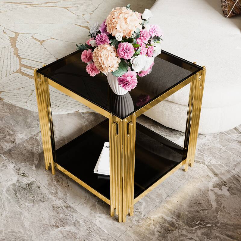19.9" Modern Transparent Glass End Table for Living Room, Square,Asymmetrical Metal, Gold Finish & Lower Shelf