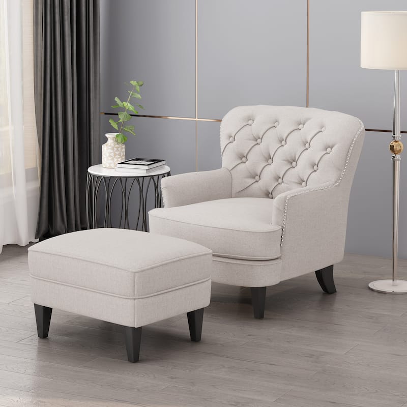 Correia Contemporary Tufted Fabric Club Chair and Ottoman Set by Christopher Knight Home - Wheat + Dark Brown