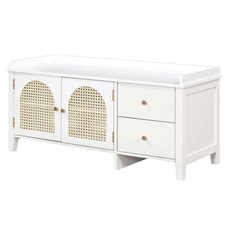 Wood Shoe Storage Bench with Cushion,2 Drawers and 2 Rattan Door