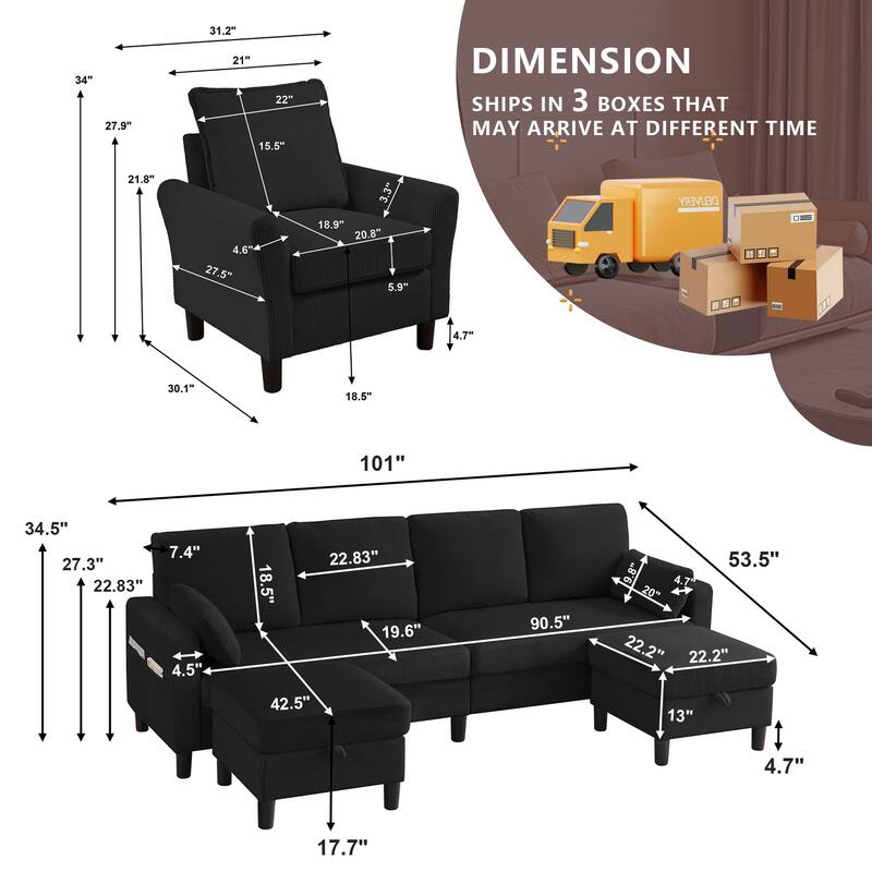 101"Corduroy 3 Piece Living Room Set Including 4 Seater Sofa ,2 Storage Ottoman and Chair
