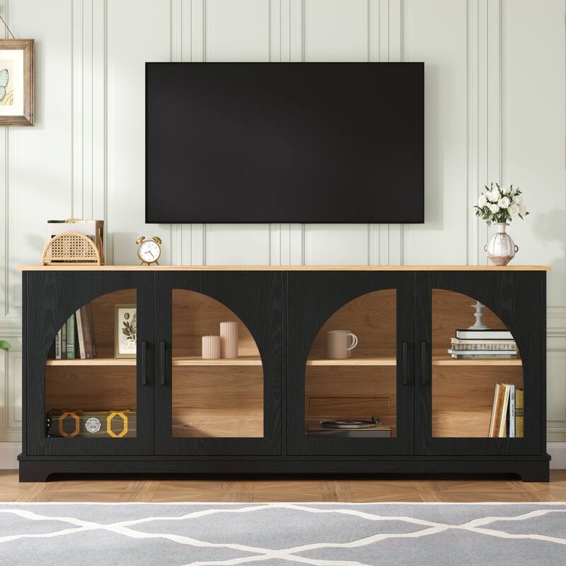 Farmhouse TV Stand for TVs up to 70" with Semi-Arched Glass Doors, Two-Tone Media Console with Adjustable Shelves - Black