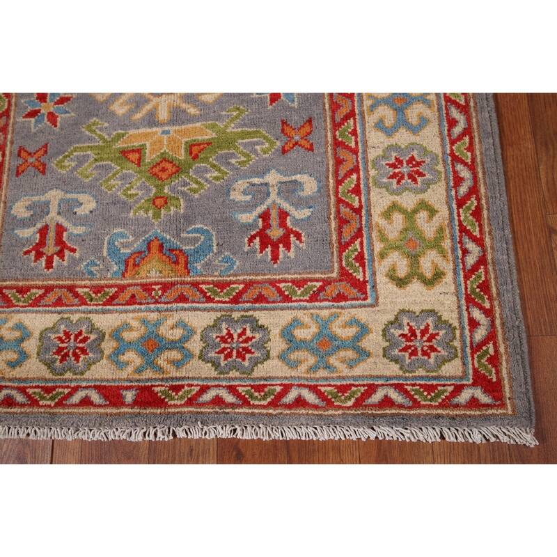 Geometric Gray Kazak Accent Rug Hand-Knotted Wool Carpet - 2'10" x 3'10"