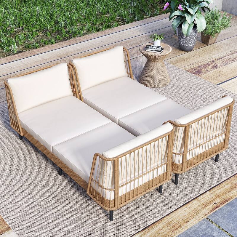 Gymax 2PCS Patio Wicker Daybed w/Seat Back Cushions Robust Metal Legs