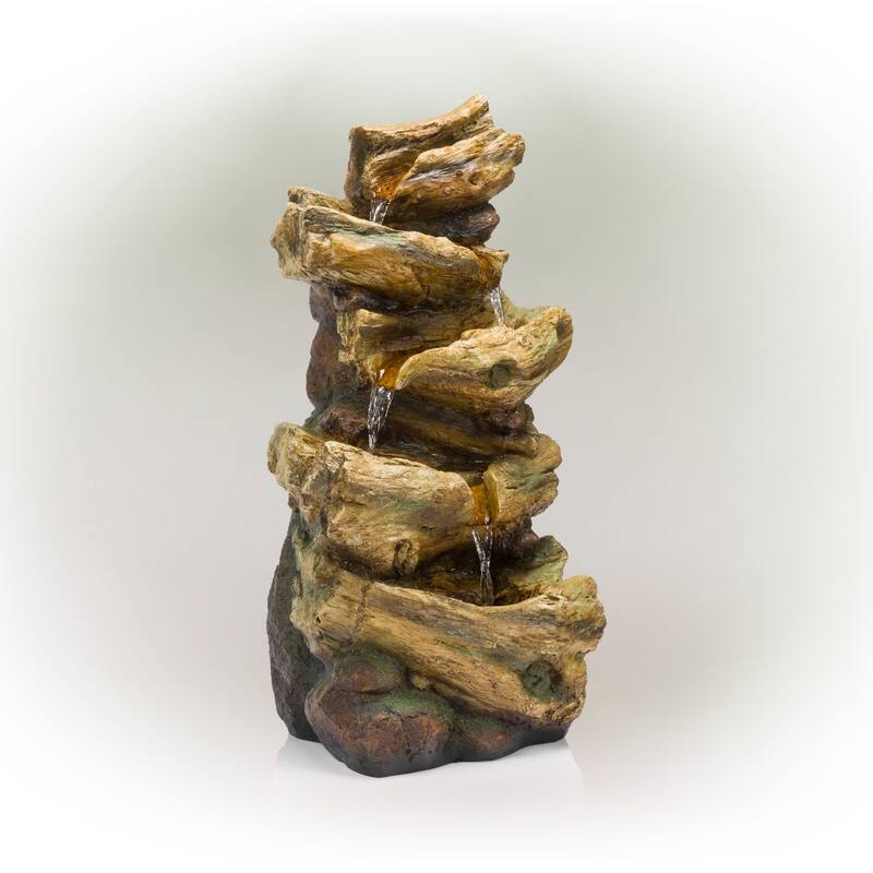 Alpine Corporation 24" Outdoor 4-Tier Log Fountain with LED Lights, Cascading Tree Trunk Feature for Garden, Rustic, Brown
