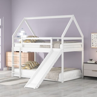 Twin Over Twin Bunk Bed with Slide House Shaped Bedframe w/Ladder
