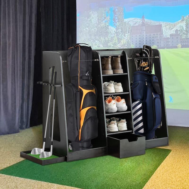 55.5"x16"x37" Wooden Golf Bag Storage Rack with Drawers - 2-Bag Organizer with Side Club Holders - 55.5" L x 16" W x 37" H