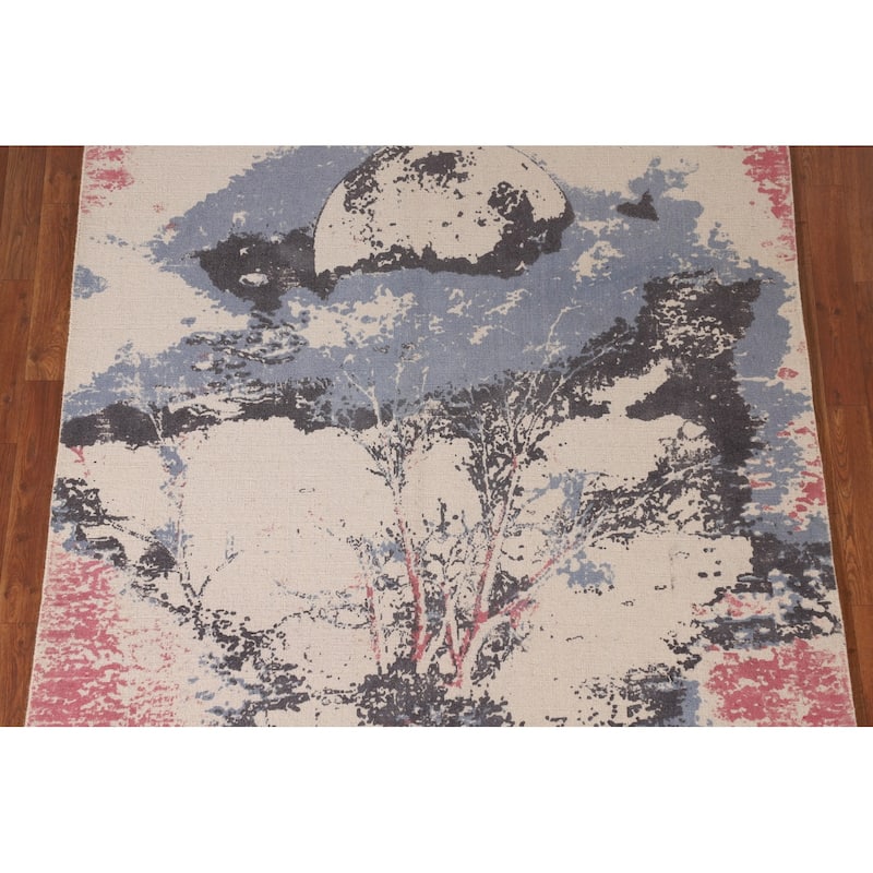 Nature Print Ivory Abstract Modern Area Rug Handmade Wool Carpet - 5'3" x 6'7"