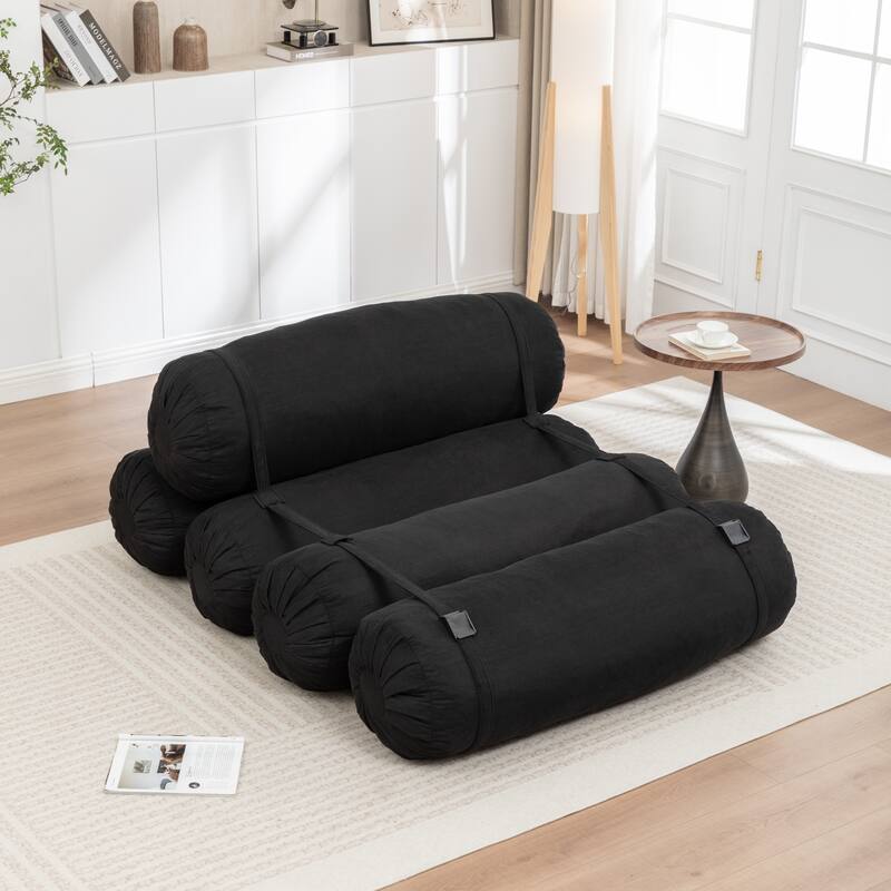 Versatile Lazy Sofa Corduroy Chaise Lounge Floor Couch Composed of 5 Cylindrical Pillows with Adjustable Straps - Black